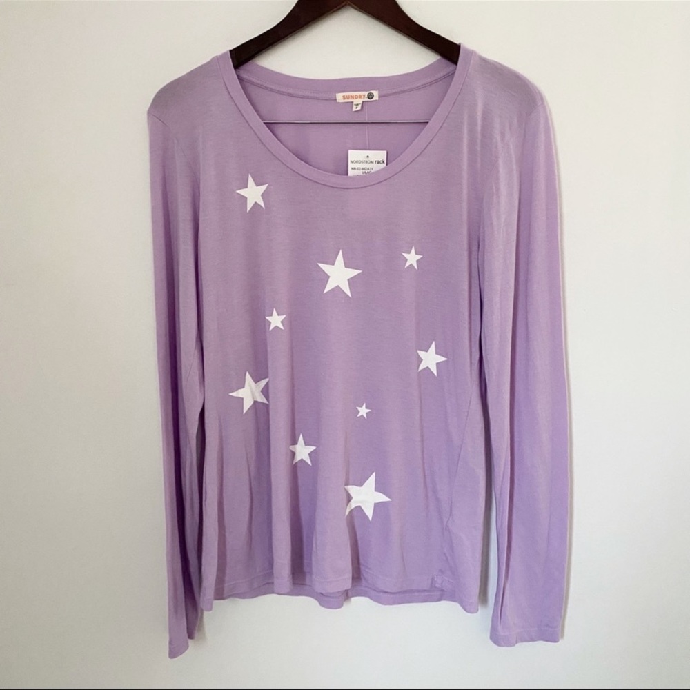NWT Sundry Purple Lightweight Basic Scoop Neck Star Print Long Sleeve Tee
